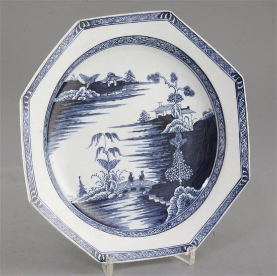 A Richard Chaffers Liverpool blue and white octagonal plate, c.1760, width 21cm